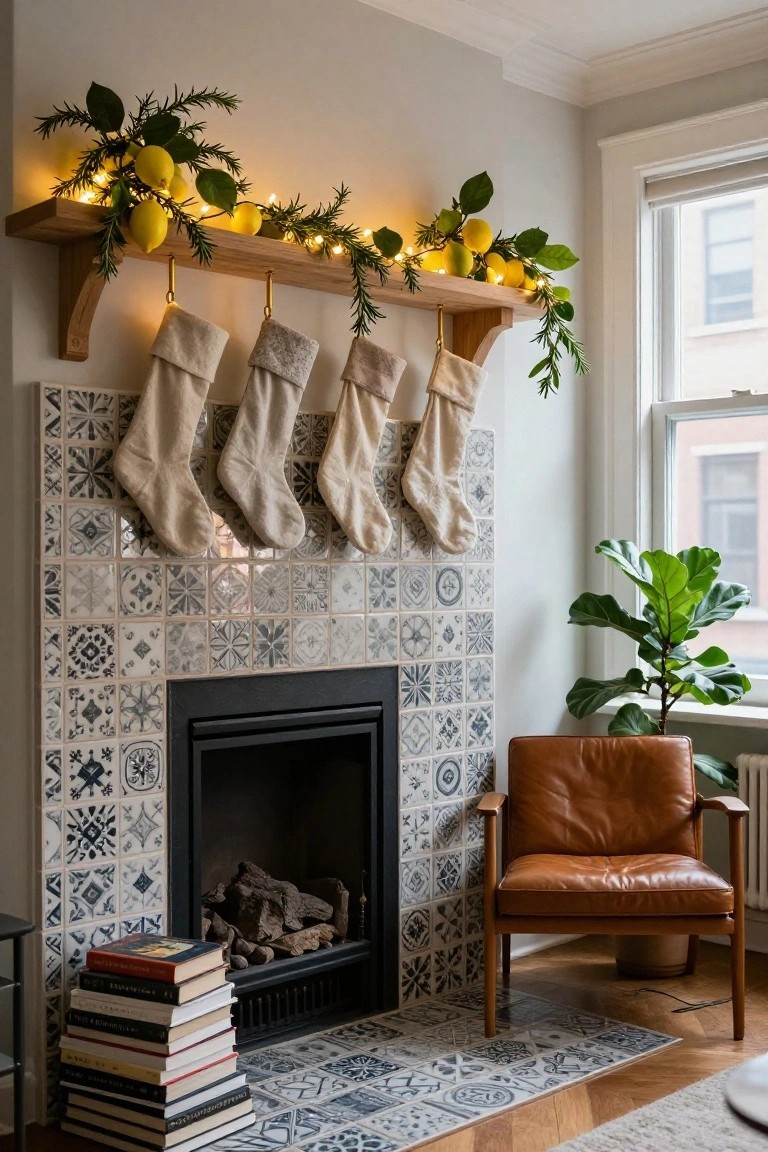 Wooden mantel shelf above a blue-and-white tiled fireplace holding four white knit stockings, decorated with fairy lights, yellow lemons, green rosemary branches, and eucalyptus leaves, with a leather chair nearby and books stacked on the hearth.