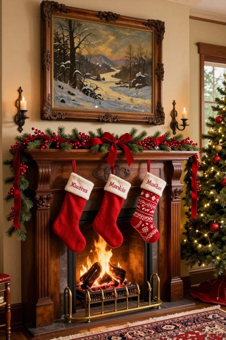 Wood fireplace mantel decorated for Christmas with red garland, berries, and three hanging red stockings personalized with embroidered names Mom, Dad, and Mabel, fire burning inside, Christmas tree to the side, winter landscape painting above.