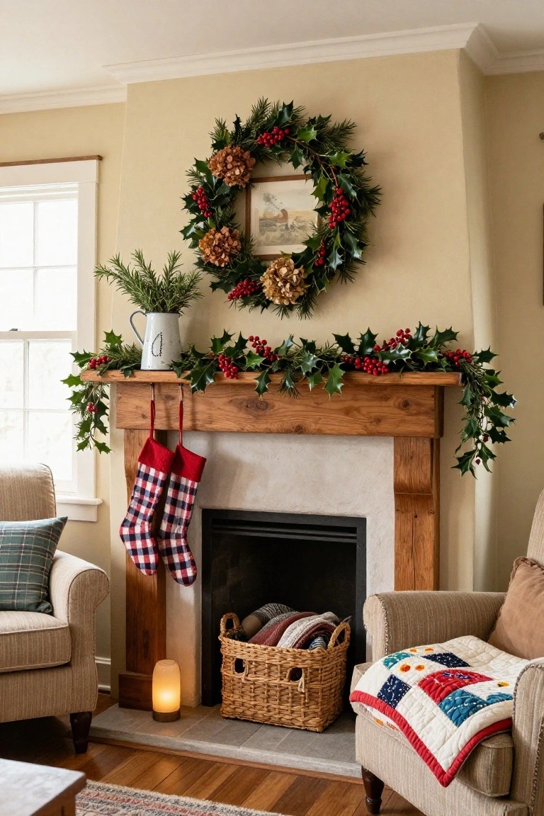 Wood fireplace mantel decorated with holly garland, red berries, dried hydrangeas, and plaid stockings, with a matching wreath on the wall above and two armchairs nearby in a beige living room.