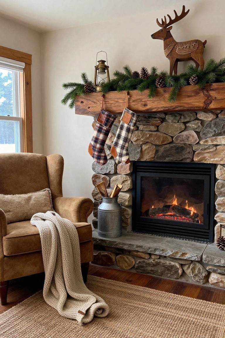 Stone fireplace with wooden beam mantel decorated for Christmas using evergreen garland, pinecones, plaid and leather stockings, wooden deer figure, brass lantern, and milk can nearby, plus tan armchair with cream throw on jute rug in cozy room.