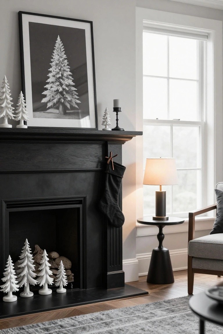 Black wood fireplace mantel with white ceramic Christmas trees arranged on top and inside the hearth, a large black and white framed print of a snowy tree above, small white trees on the sides, a black stocking hanging from the mantel, and a black candle holder nearby in a light gray room.