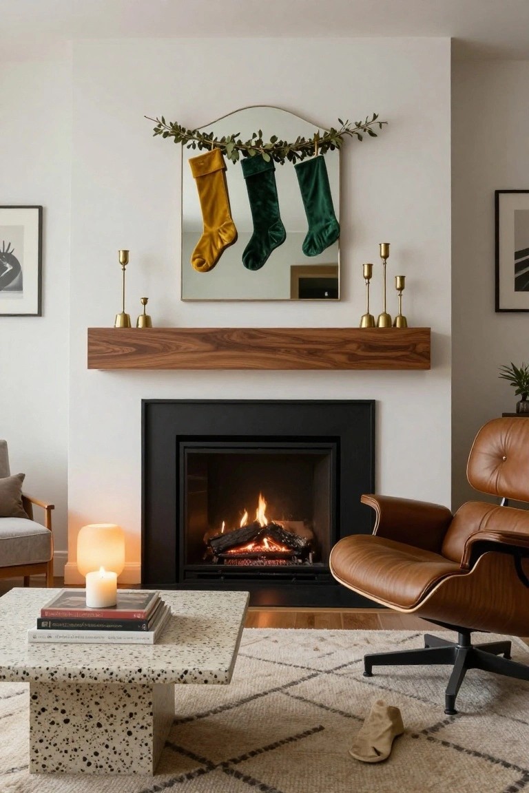 White living room with fireplace, walnut wood mantel holding gold candlesticks, arched mirror above with eucalyptus garland and mustard yellow and emerald green velvet Christmas stockings, lit fire, Eames leather chair, terrazzo coffee table with books, and beige rug.