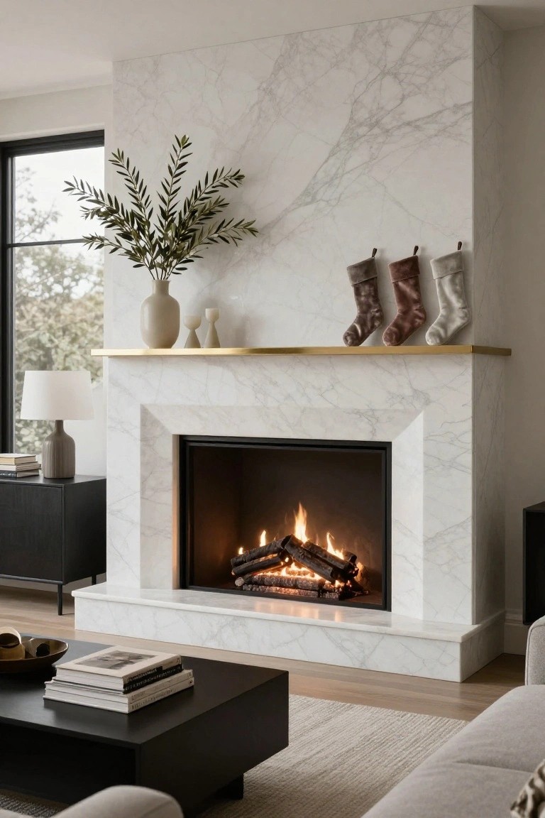 White marble fireplace mantel with gold shelf holding three neutral-colored knit Christmas stockings, beige vase of olive branches, small ceramic candles, burning log fire, black side table with lamp, coffee table with books, and beige sofa in a light wood floor living room.
