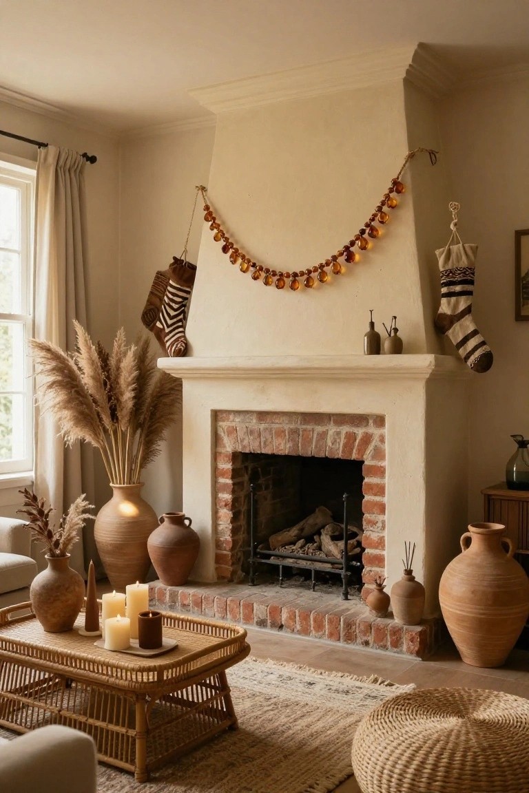 Living room fireplace mantel with brick firebox, amber bead garland, neutral patterned stockings, pampas grass in terracotta vases on sides, candles and pottery on low rattan table, beige walls, sheer curtains, and woven furniture.