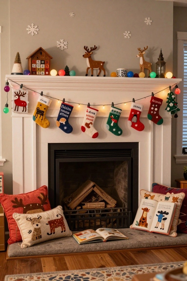 A white fireplace mantel decorated for Christmas with colorful handmade stockings in various animal and mushroom designs hanging from a string of lights, flanked by small trees, reindeer figurines, and glowing ornaments.