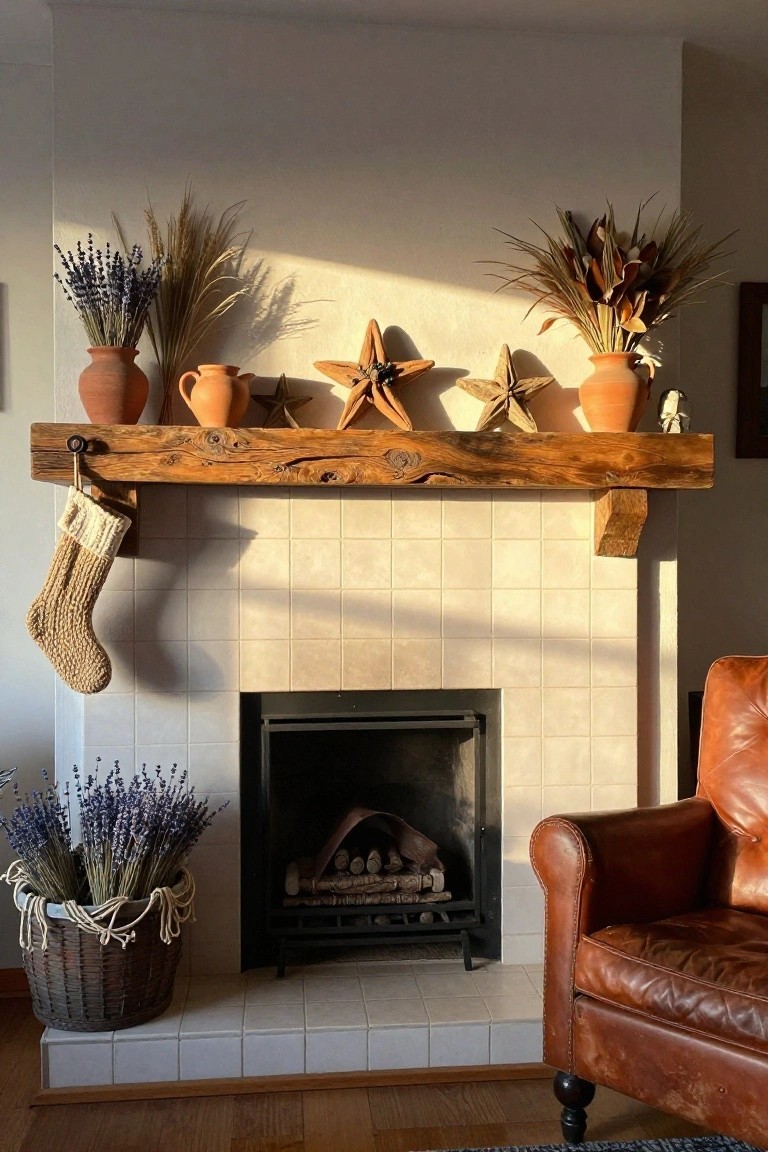 Rustic wooden mantel over a tiled fireplace hearth decorated with terracotta pots containing dried lavender and grasses, starfish ornaments, a woven stocking hanging from a hook, and potted lavender on the floor beside a leather armchair.
