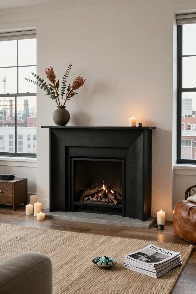Contemporary living room with black gas fireplace mantel topped by terracotta vase of dried protea and eucalyptus branches, white candles, wooden side table, seagrass rug, and stack of magazines.