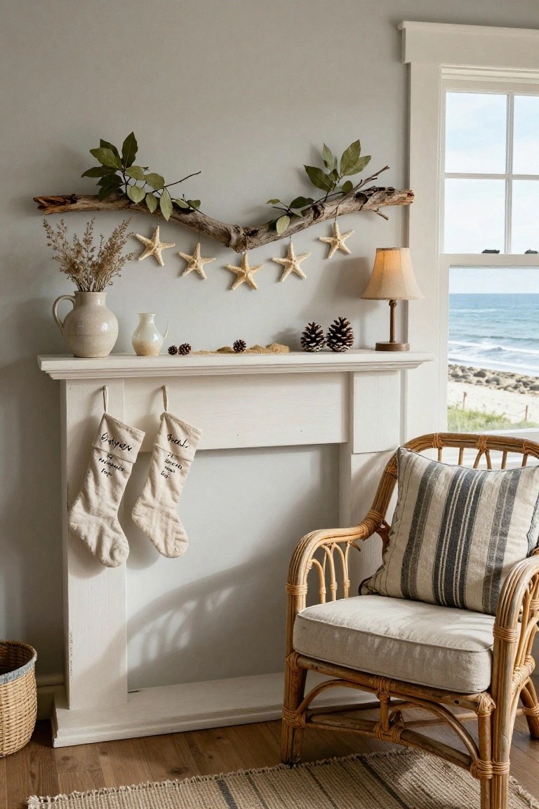 White fireplace mantel with hanging driftwood branch garland strung with white starfish, flanked by vases of dried flowers and pinecones, rattan armchair nearby, and window view of ocean beach.