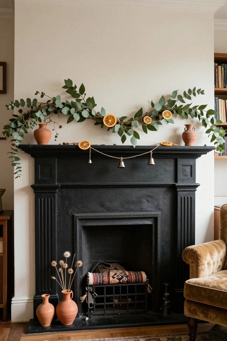 Black fireplace mantel with eucalyptus garland draped across the top strung with dried orange slices and small bells, terracotta pots on either side holding dried flowers, woven rug in firebox, and velvet chair nearby on wooden floor