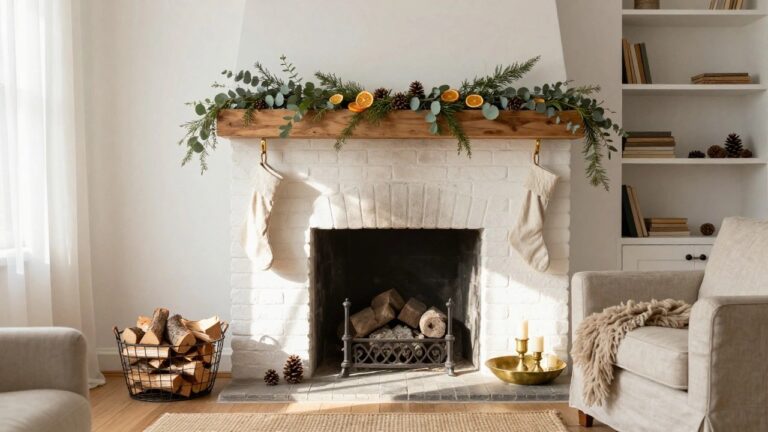 23 Foraged Christmas Mantle Ideas That Feel Effortless and Organic A cozy living room features a white brick fireplace adorned with a wooden mantel, decorated with greenery, orange slices, and stockings, complemented by a basket of logs.