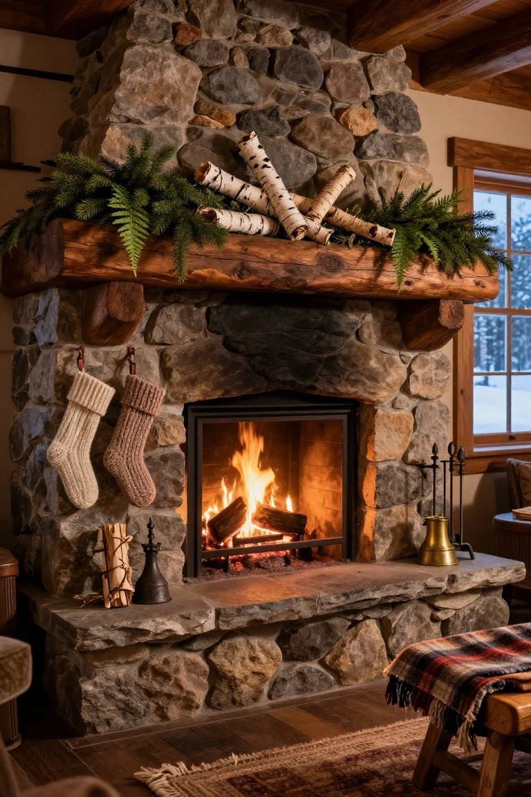Rustic stone fireplace with wooden mantel holding a box of birch branches, pine garland, and ferns, two knit stockings hanging from hooks, fire burning in the insert, snowy window and wooden furniture nearby.