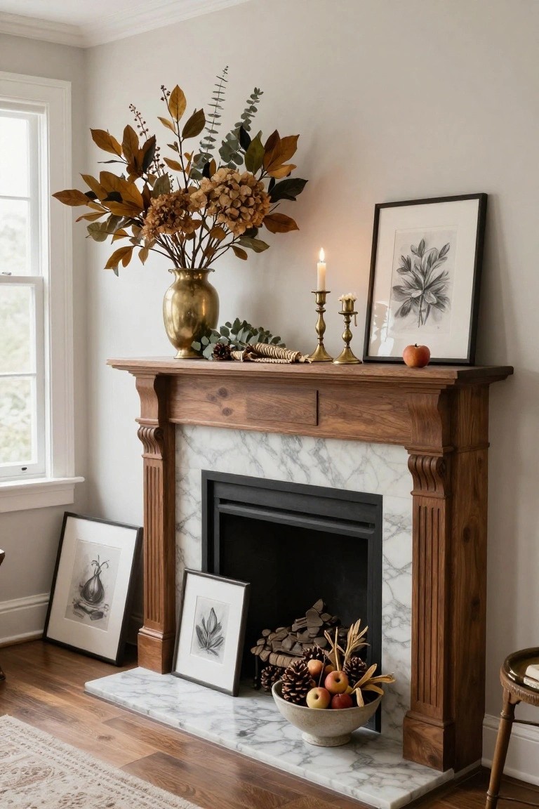 Wooden fireplace mantel with marble hearth, decorated with brass vase of dried hydrangeas and eucalyptus, gold candlesticks, framed botanical drawings, and a white bowl of apples and pinecones on the hearth.