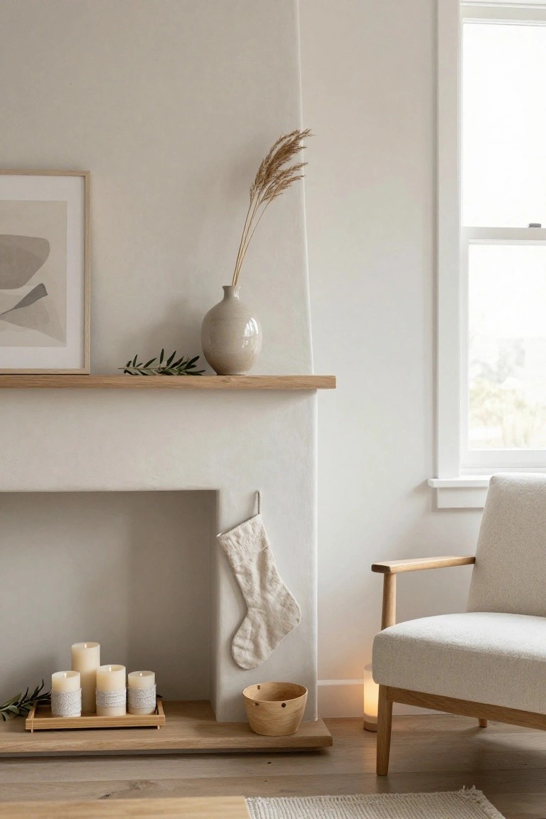 White stucco fireplace mantel with oak shelf displaying tall pampas grass in a beige vase, olive branches, wooden tray holding wrapped pillar candles, cream Christmas stocking hanging from side, wooden bowl on base, cream armchair and floor lamp nearby in neutral room.