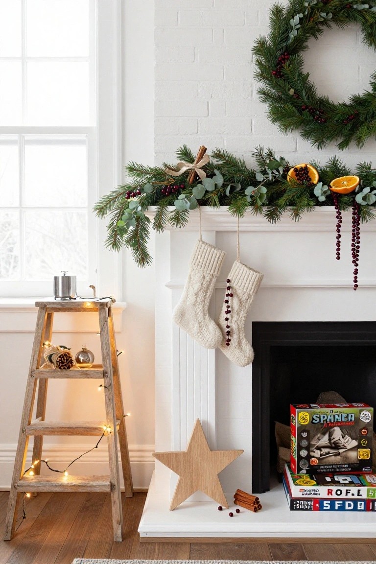White brick fireplace with mantel decorated by pine greenery garland, eucalyptus, dried oranges, berries, white knit stockings with berry trim, wooden star, cinnamon sticks, board games below, and lit wooden ladder with pinecones to the side.