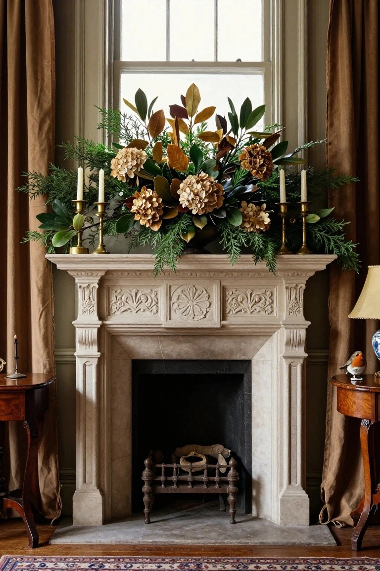 Elegant mantel adorned with greenery, flowers, and candles, set in a cozy room.
