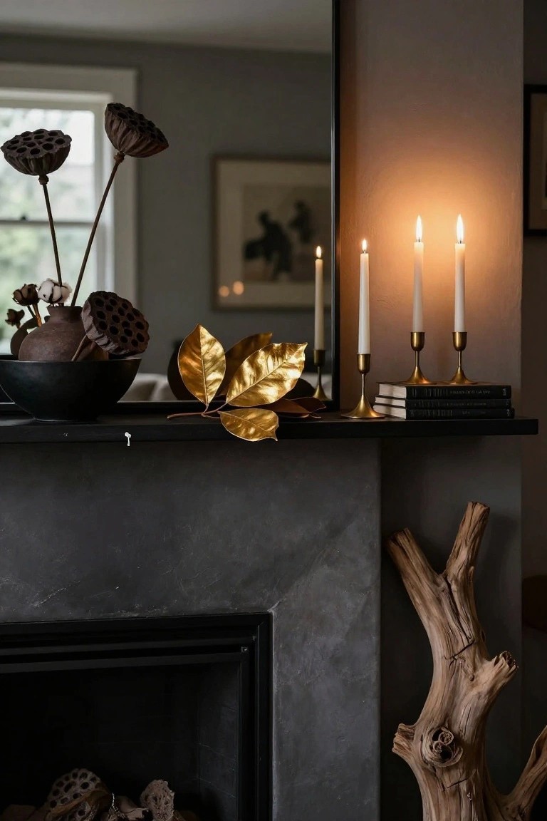 Dark fireplace mantel with a black bowl of dried lotus seed pods and stems, gold leaves extending across, brass candelabras holding white taper candles, stacked books, and a mirror, above a fireplace containing driftwood logs and more dried pods beside a twisted wood branch.