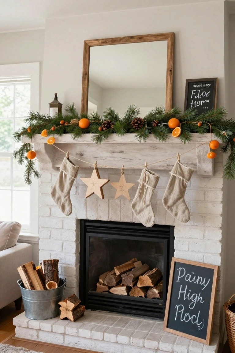 White brick fireplace mantel with whitewashed wood shelf holding a garland of pine branches, dried orange slices, pinecones, and strung linen stockings with wooden stars, firewood in a metal bucket nearby, and a chalkboard sign propped against the brick.