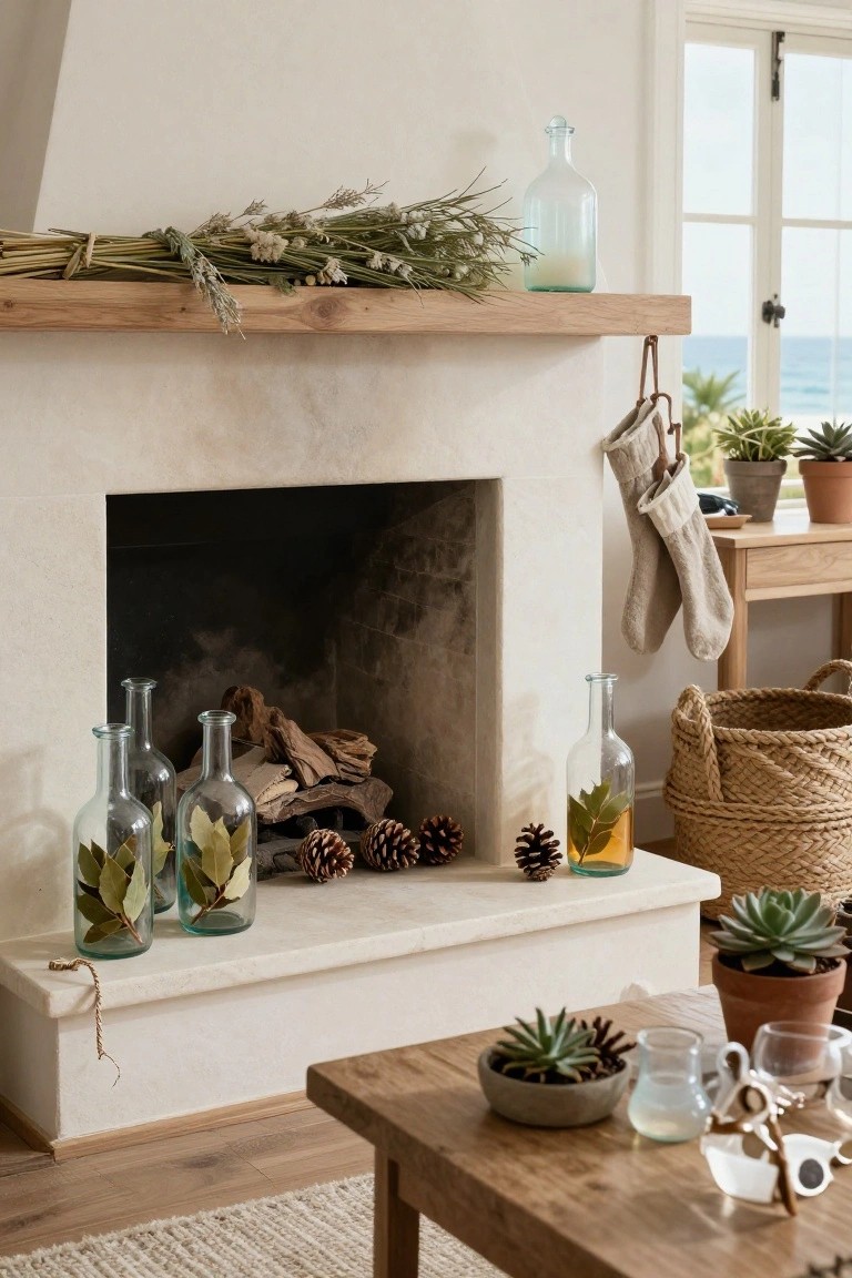 White stone fireplace mantel with blue glass bottles containing bay leaves, pinecones on the ledge, driftwood and logs inside the hearth, dried grasses on oak shelf above, neutral stockings hanging to the side, and ocean view through nearby windows.