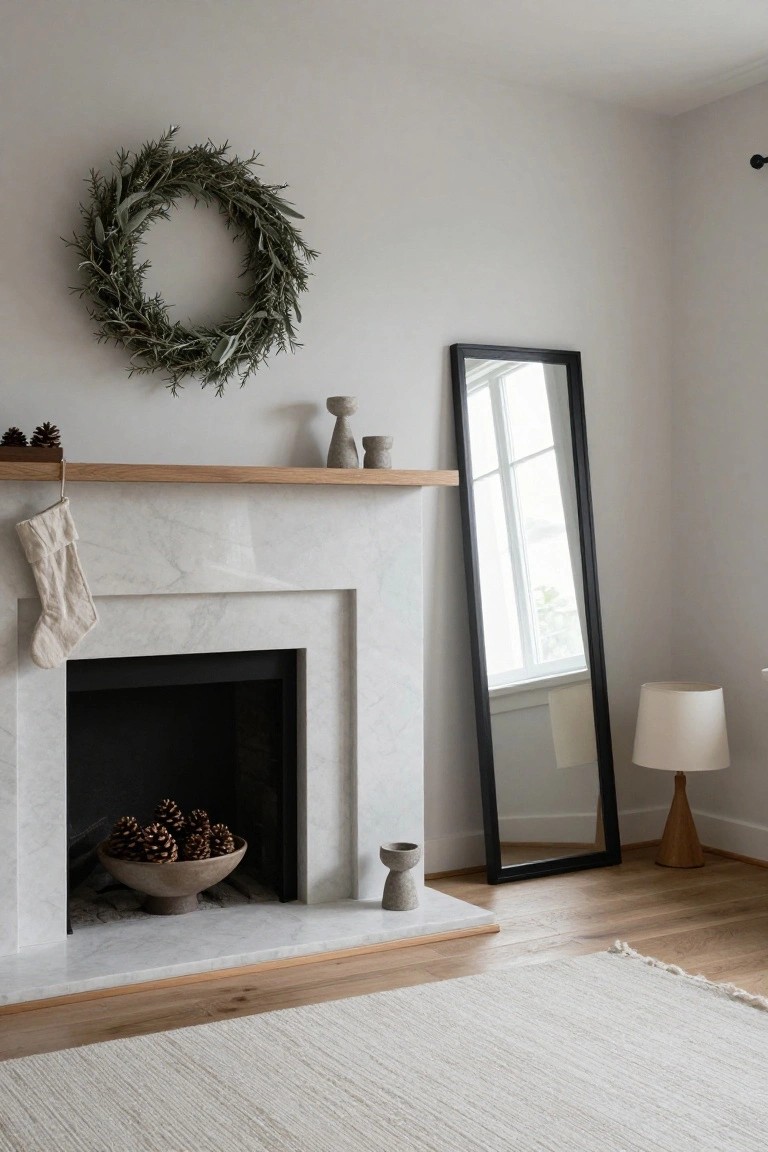 White-walled room corner with marble fireplace, oak mantel shelf holding beige ceramics and pinecones, cream linen stocking hanging from shelf, large eucalyptus wreath on wall above fireplace, black floor mirror, cream lamp on wood floors with white rug.