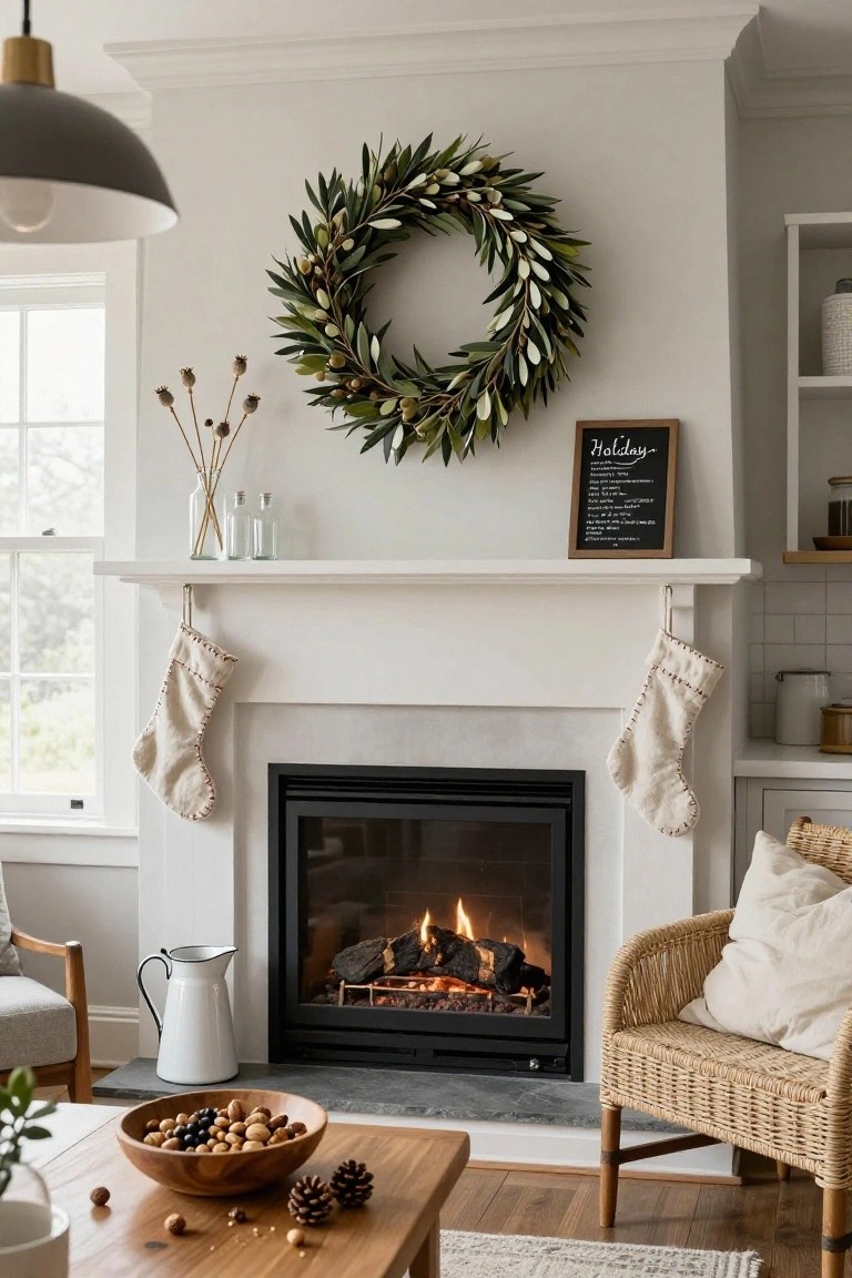 White fireplace mantel with olive leaf wreath centered above, two off-white knit stockings hanging from hooks, a small black-framed holiday sign nearby, dried flowers in glass bottles on the shelf, and a wooden bowl of nuts on a coffee table in front.