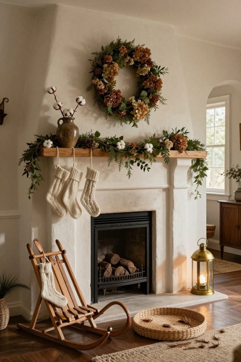 White stucco fireplace with oak mantel shelf decorated by foraged greenery garland, dried hydrangeas, cotton bolls, and pinecones; white knit stockings hang from the shelf; wooden rocking chair and brass lantern nearby on wood floor.