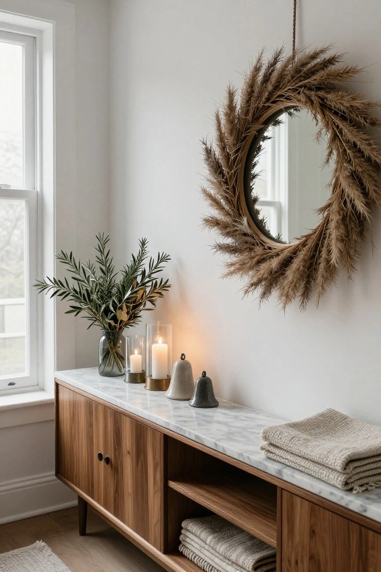 Indoor corner with white walls, large round mirror wreath made of dried pampas grass hung from ceiling rope, wooden credenza with marble top holding gray glass vase of olive branches, glass candles, ceramic bells, folded linen towels in open shelves, window on left, wood floor.