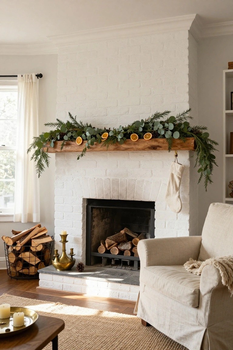 Cozy living room with a white brick fireplace, wooden mantel, and festive greenery.