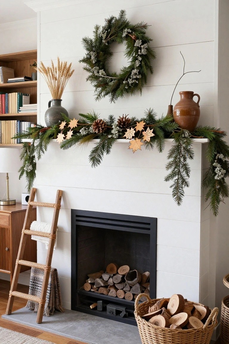 White shiplap fireplace mantel shelf with draped evergreen garland, wooden maple leaf and star ornaments, pinecones, eucalyptus, wheat stalks in a gray vase, orange pottery jug, and firewood stacked inside the hearth.