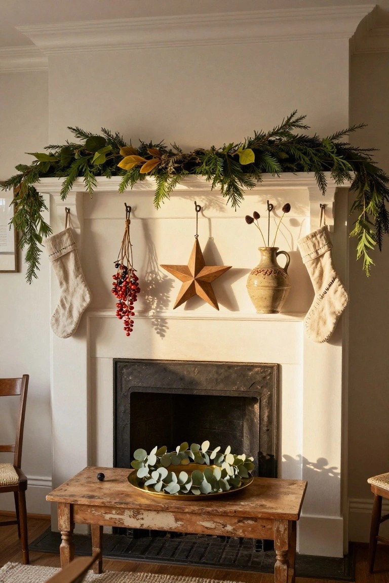 White fireplace mantel with draped evergreen garland including fir branches, magnolia leaves, berries, and dried elements, flanked by white stockings, a wooden star ornament, a terracotta jug with dried flowers, and a brass tray of eucalyptus on a wooden table below.