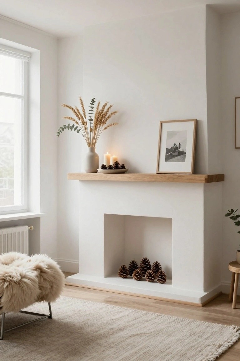 Cozy living space with a white wall, fireplace, candles, and natural decor elements.