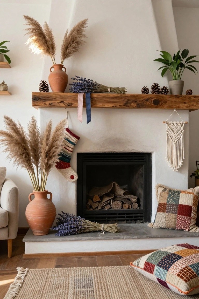 White plaster fireplace with rustic wooden mantel holding pinecones, lavender bundles, ribbons, and a colorful knit stocking, flanked by tall pampas grass in terracotta pots, plus macrame hanging, plants, and patterned pillows on the floor.