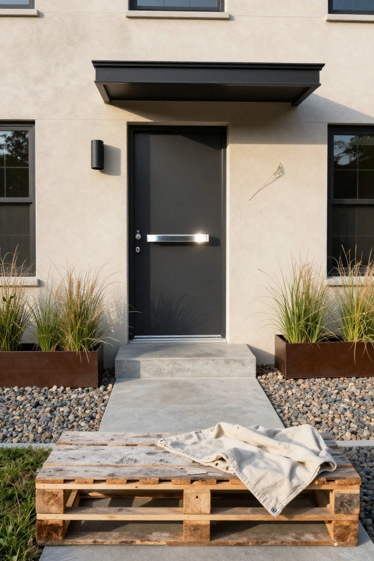 Beige stucco house exterior featuring a black front door with chrome handle, flanked by metal planters with ornamental grasses, concrete steps leading to a pebble path, and a wooden pallet with white cloth in the foreground.