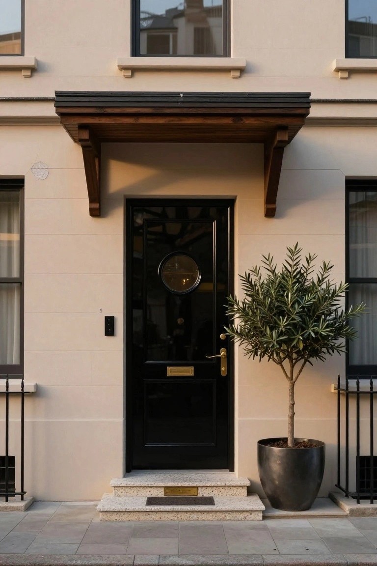 Black front door with circular window, white walls, potted tree, and stone steps.
