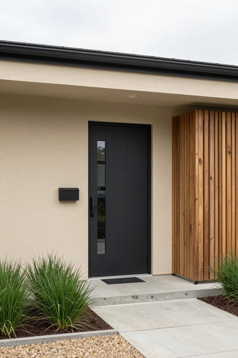 Beige stucco house exterior featuring a black metal front door with vertical glass panel, black mailbox, wooden slat screen beside the door, ornamental grasses, and concrete entry steps with gravel path.