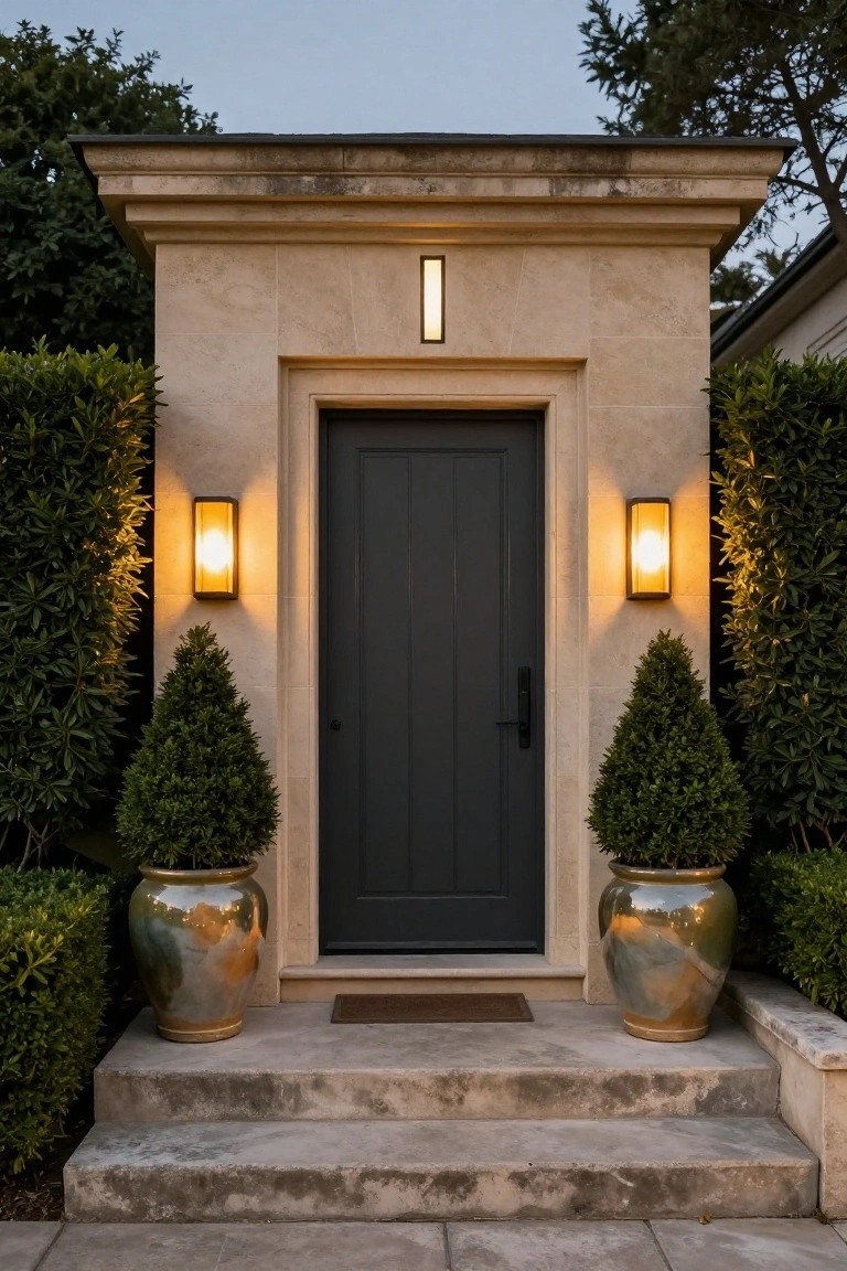 Beige stone archway entry with centered black wood door, flanked by wall lanterns and potted conical trees on either side, stone steps leading up from a paved path.