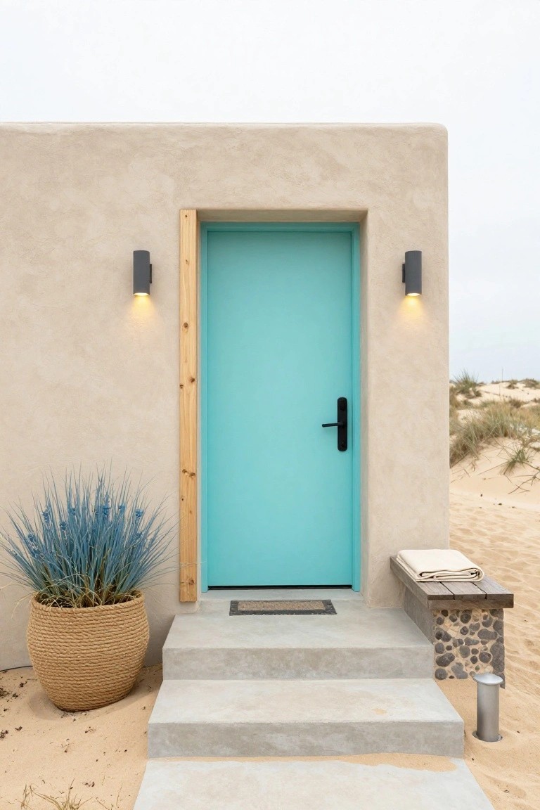 Beige adobe-style house exterior in sandy desert landscape with turquoise front door, black wall-mounted lights, blue agave plant in woven basket, concrete steps, and bench.