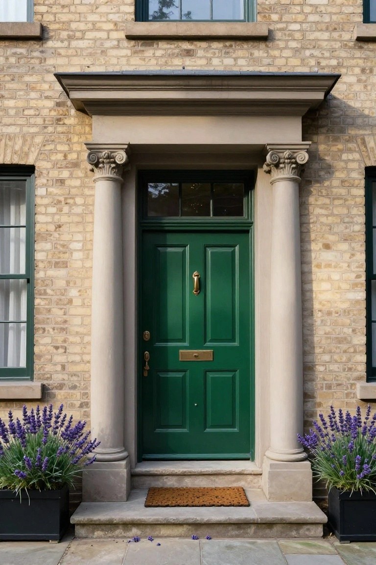 Green front door with decorative columns, stone steps, and potted lavender plants.