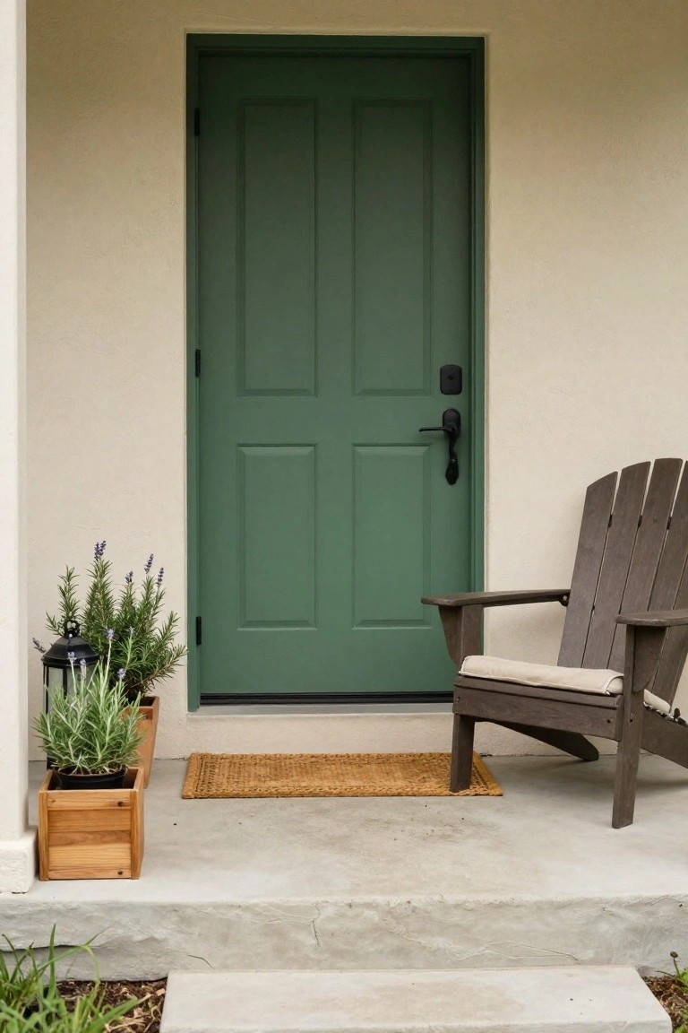 Beige stucco house facade featuring a dark green paneled front door with black handle and smart lock, potted rosemary and lavender plants in wooden and black containers, black metal lantern, woven tan mat, and brown Adirondack chair with cream cushion on concrete porch steps.