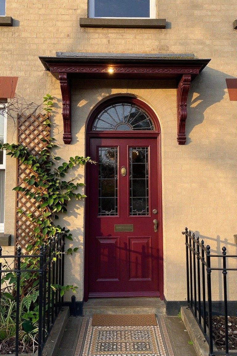 Beige brick house facade with a deep red double front door featuring arched stained glass windows, flanked by red carved wooden porch brackets, climbing vines on a trellis, black iron railing, and a tiled entry path.
