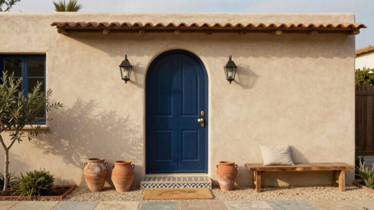 23 Front Door Color For Beige House Ideas Beige stucco house exterior with navy blue arched paneled front door, flanked by black lanterns, wooden bench with cushion, terracotta pots with olive branches, and tiled steps with seagrass mat.