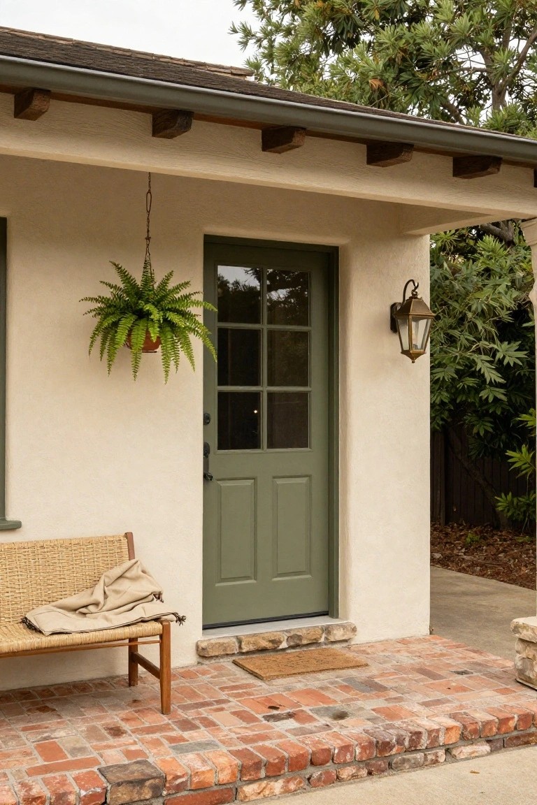 Beige stucco house facade with dark green paneled front door, hanging fern plant, brass lantern light, wicker bench with throw, and brick porch steps.