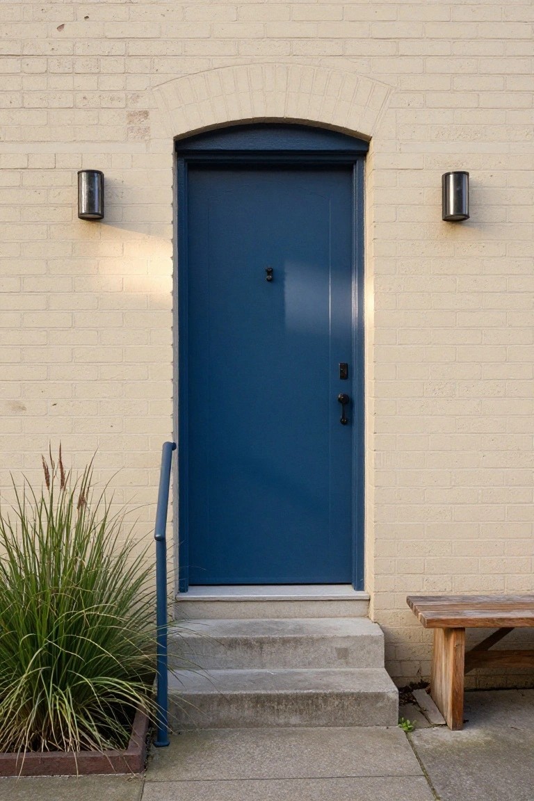 Beige brick exterior wall with navy blue front door under arched header, black wall lanterns on each side, concrete steps with blue handrail, pampas grass in planter box, wooden bench, and concrete sidewalk.