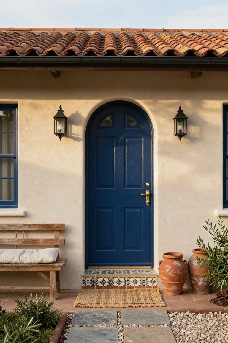 Beige stucco house exterior with navy blue arched paneled front door, flanked by black lanterns, wooden bench with cushion, terracotta pots with olive branches, and tiled steps with seagrass mat.