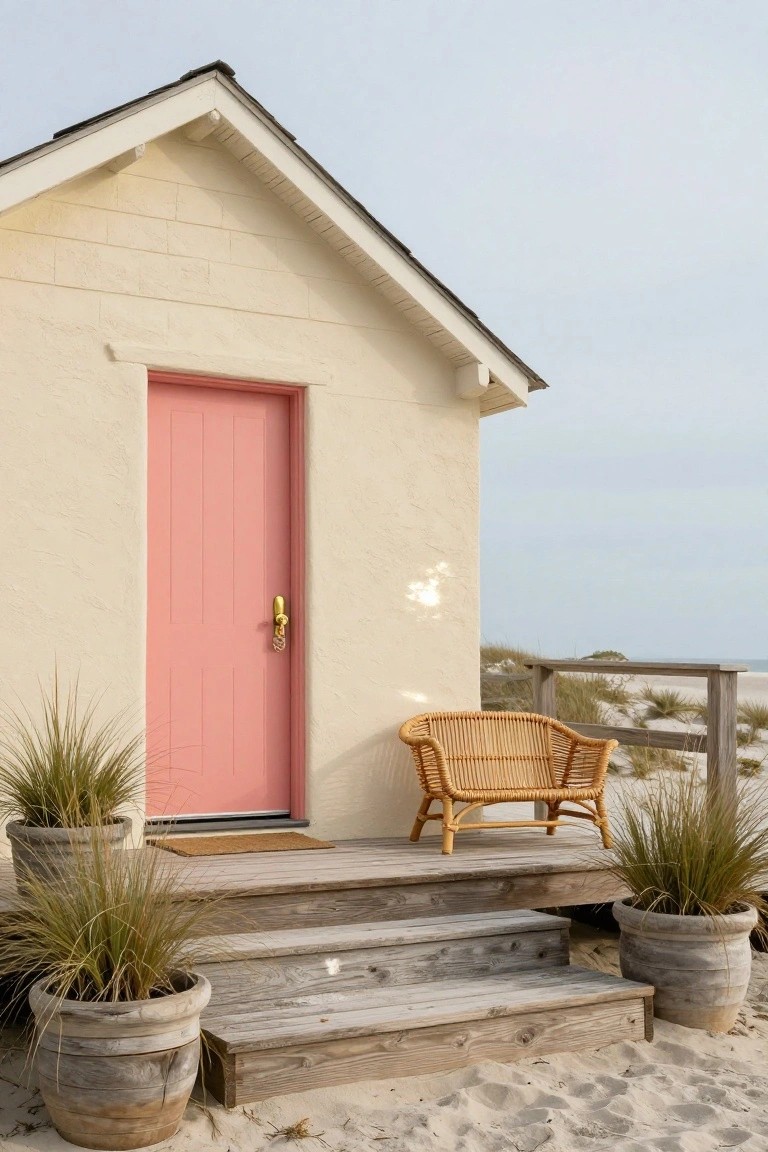 Beige stucco beach house with pink front door and gold doorknob, wooden porch steps, wicker chair, potted grasses, and sand dunes nearby.