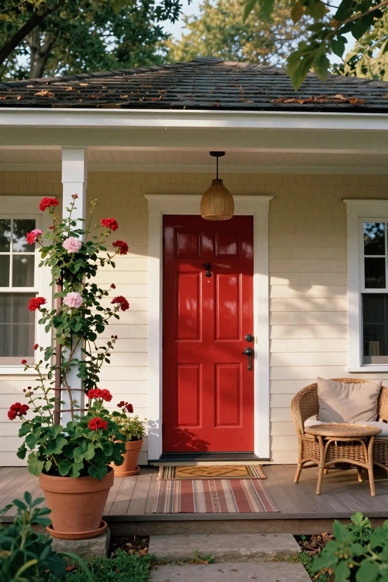 Beige clapboard house with dark shingled roof, glossy red paneled front door on a porch with woven hanging light, wicker chair, potted plants, climbing roses on a metal trellis, and welcome mat.