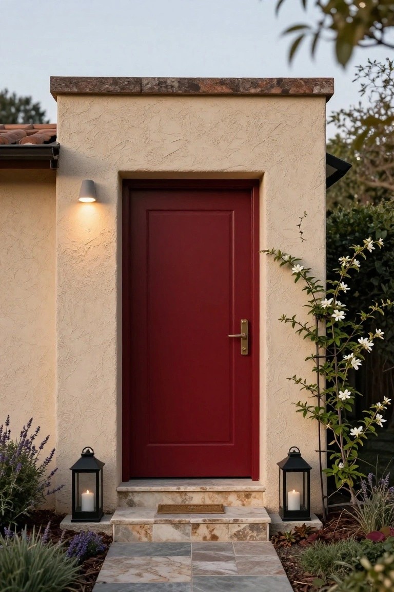Red front door centered on a beige stucco wall with a wall-mounted light, flanked by black lanterns on stone steps, lavender plants, and white flowering vines on a trellis.