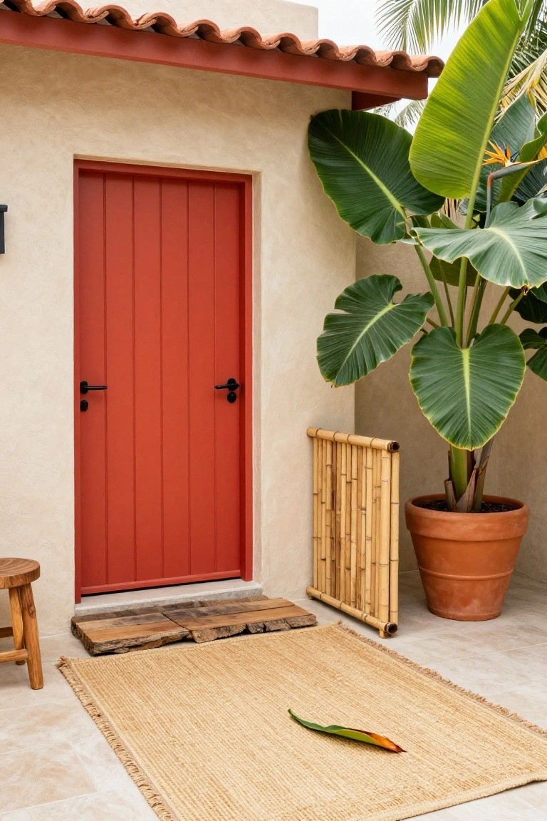 Beige stucco wall with red paneled wooden front door, black handles, wooden stool, bamboo screen, large potted plant, and seagrass rug on tiled entry area under terracotta roof overhang.