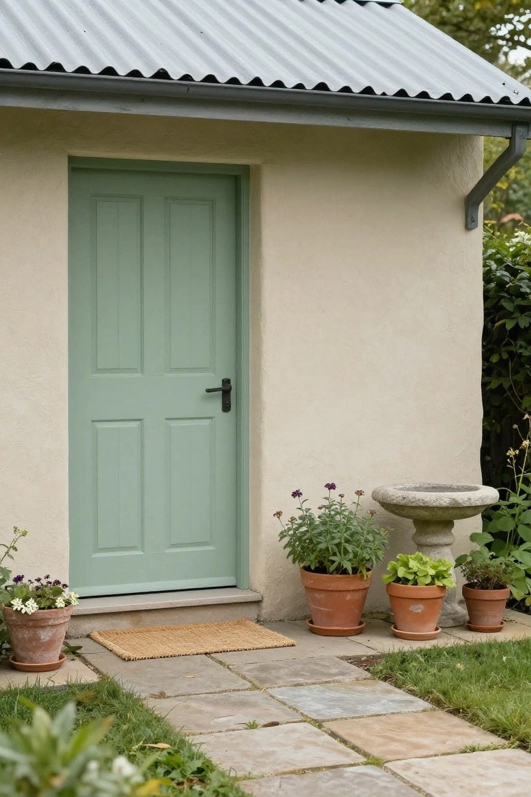 Close-up of a sage green four-panel wooden door on a beige stucco wall of a small building with corrugated metal roof, flanked by terracotta plant pots, a stone birdbath, and a woven mat on stone pavers.