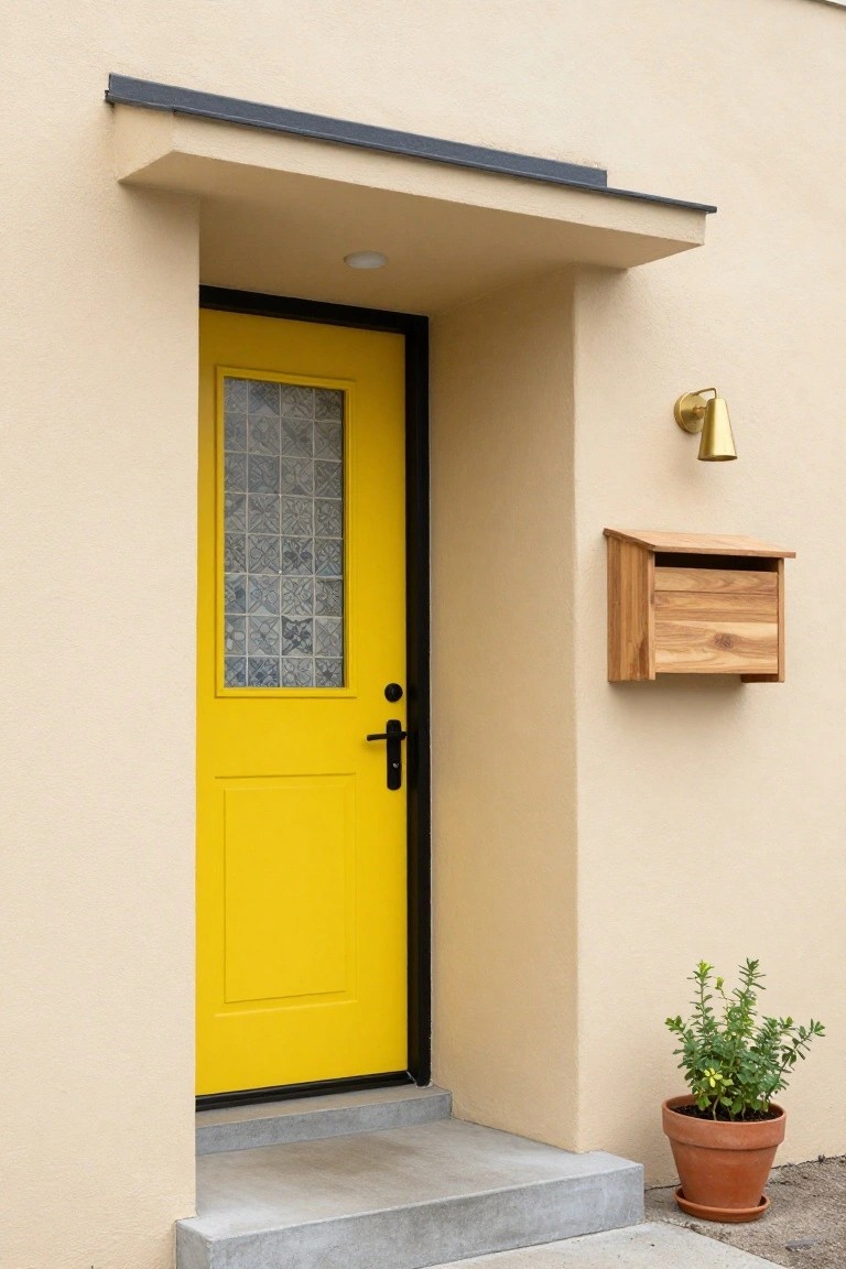 Beige stucco house exterior featuring a yellow front door with blue-gray textured glass panels in the upper half, black frame and handle, gold wall sconce, wooden mailbox, and terra cotta pot with green plant on the concrete step.