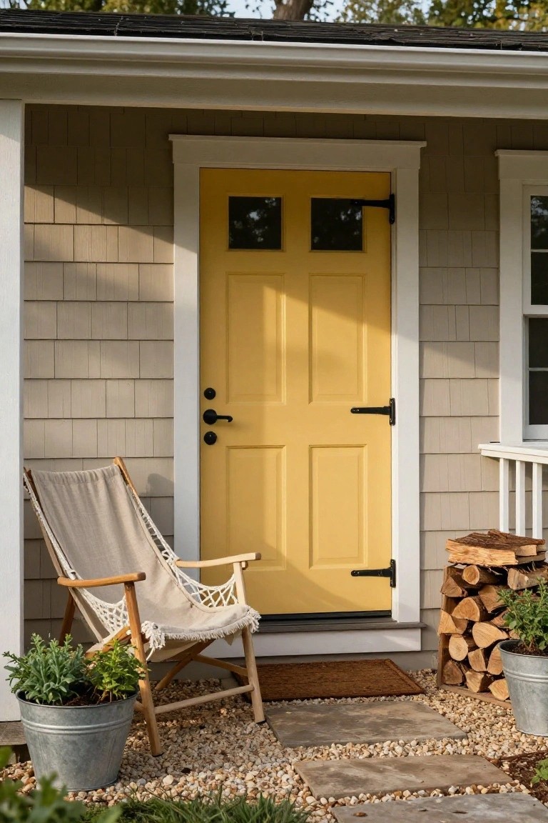 Yellow front door, wooden chair, potted plants, stacked logs, stone pathway, gravel.